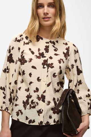 Part Two Feather Flower Print Blouse Beige Brown Channie - MMJs Fashion
