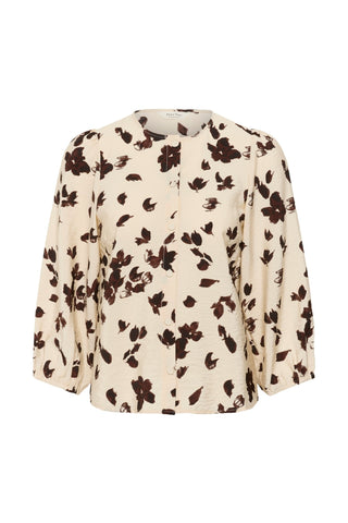 Part Two Feather Flower Print Blouse Beige Brown Channie - MMJs Fashion