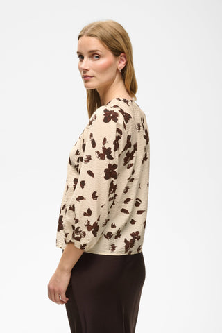 Part Two Feather Flower Print Blouse Beige Brown Channie - MMJs Fashion