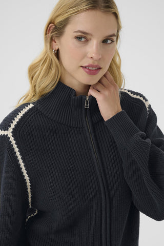 Part Two Funnel Neck Zipped Cardigan Navy Blue Semra - MMJs Fashion