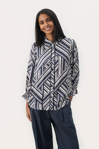Part Two Graphic Stripe Blouse Blue Nevine - MMJs Fashion