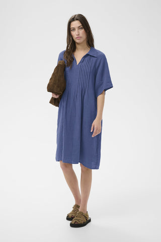 Part Two Linen Short Sleeve Dress Blue Ayla - MMJs Fashion