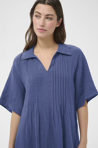 Part Two Linen Short Sleeve Dress Blue Ayla - MMJs Fashion