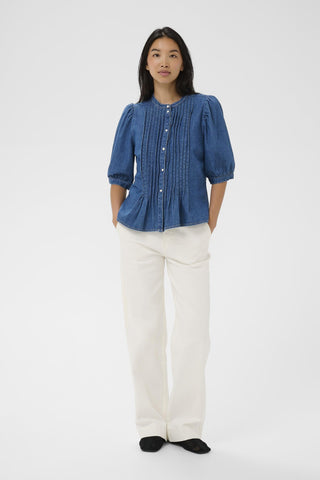 Part Two Pleated Placket Denim Blouse Blue Alesia - MMJs Fashion