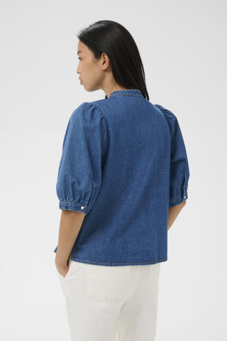Part Two Pleated Placket Denim Blouse Blue Alesia - MMJs Fashion