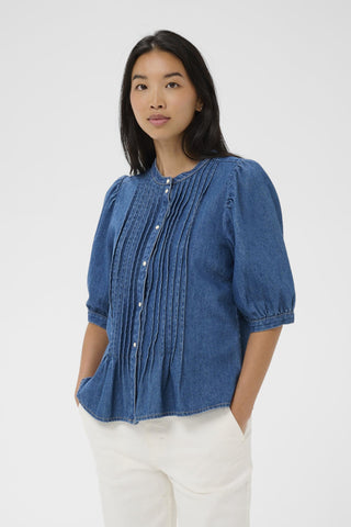 Part Two Pleated Placket Denim Blouse Blue Alesia - MMJs Fashion