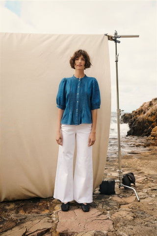 Part Two Pleated Placket Denim Blouse Blue Alesia - MMJs Fashion