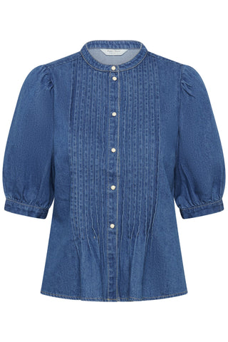 Part Two Pleated Placket Denim Blouse Blue Alesia - MMJs Fashion