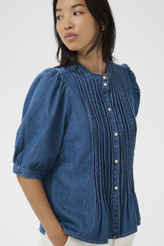 Part Two Pleated Placket Denim Blouse Blue Alesia - MMJs Fashion