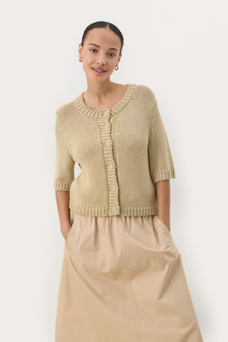 Part Two Short Sleeved Cardigan Beige Metallic Nathelie - MMJs Fashion