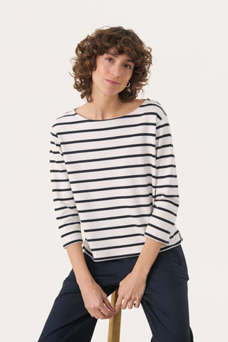 Part Two Striped Boat Neck Top Navy Blue Nela - MMJs Fashion