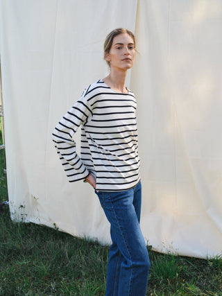 Part Two Striped Boat Neck Top Navy Blue Nela - MMJs Fashion