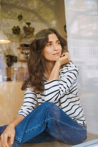 Part Two Striped Boat Neck Top Navy Blue Nela - MMJs Fashion