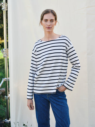 Part Two Striped Boat Neck Top Navy Blue Nela - MMJs Fashion
