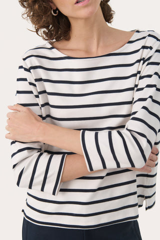 Part Two Striped Boat Neck Top Navy Blue Nela - MMJs Fashion