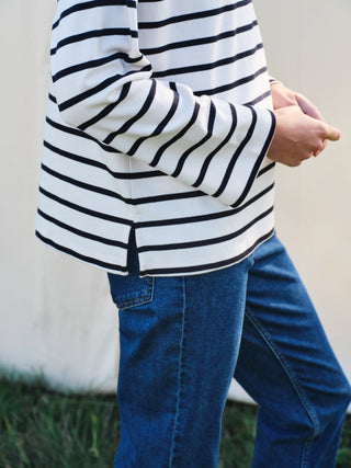 Part Two Striped Boat Neck Top Navy Blue Nela - MMJs Fashion