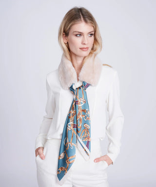 Pia Rossini Faux Fur Collar with Satin Chain Print Tie Scarf Teal Blue Gracen - MMJs Fashion