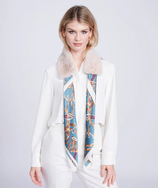 Pia Rossini Faux Fur Collar with Satin Chain Print Tie Scarf Teal Blue Gracen - MMJs Fashion