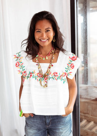 Place du Soleil Flower Embroidered Frill Blouse White - MMJs Fashion