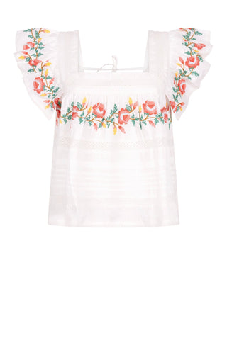 Place du Soleil Flower Embroidered Frill Blouse White - MMJs Fashion