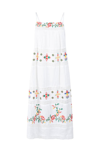Place du Soleil Flower Embroidered Shoulderband Dress White - MMJs Fashion
