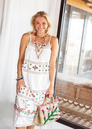 Place du Soleil Flower Embroidered Shoulderband Dress White - MMJs Fashion