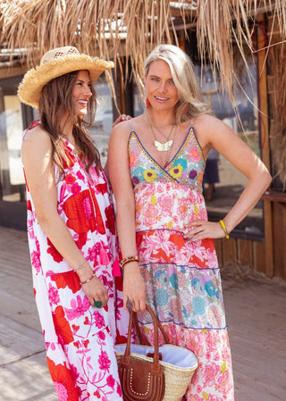 Place du Soleil Flower Print Long Dress White Pink - MMJs Fashion