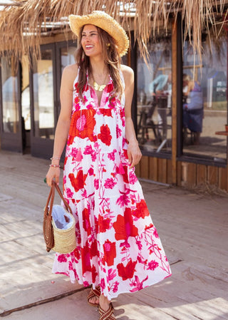 Place du Soleil Flower Print Long Dress White Pink - MMJs Fashion