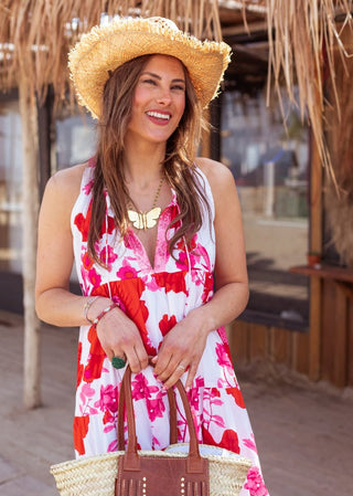 Place du Soleil Flower Print Long Dress White Pink - MMJs Fashion