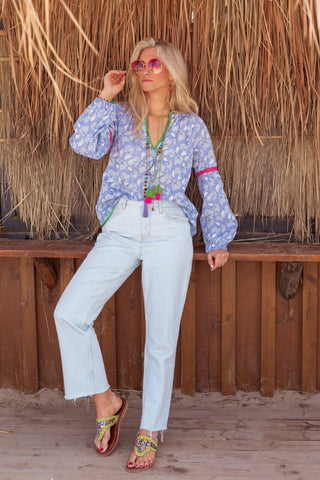 Place du Soleil Leaf Print Blouse Blue Lila - MMJs Fashion