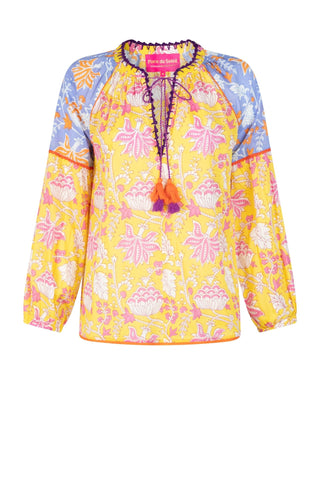 Place du Soleil Leaf Print Blouse Yellow Lila - MMJs Fashion