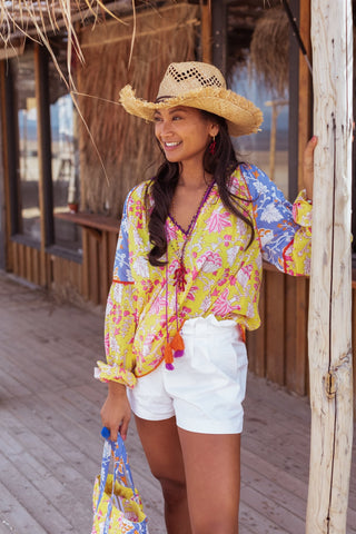 Place du Soleil Leaf Print Blouse Yellow Lila - MMJs Fashion