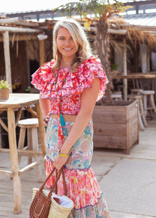 Place du Soleil Long Mix Print Skirt Blue Pink - MMJs Fashion