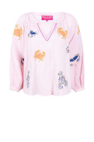 Place du Soleil Mix Coloured Crab Embroidered Blouse Pink - MMJs Fashion