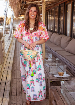 Place du Soleil Mix Print Long Dress Tea Tents Pink - MMJs Fashion
