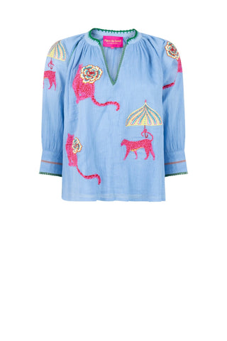 Place du Soleil Tiger Flower Print Blouse Blue - MMJs Fashion