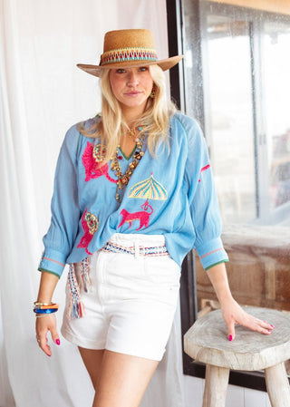Place du Soleil Tiger Flower Print Blouse Blue - MMJs Fashion