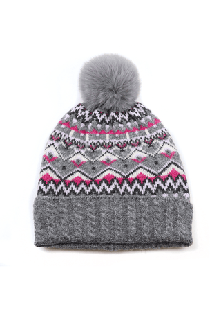 POM Fair Isle Bobble Hat Grey Pink - MMJs Fashion