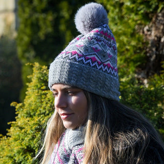 POM Fair Isle Bobble Hat Grey Pink - MMJs Fashion