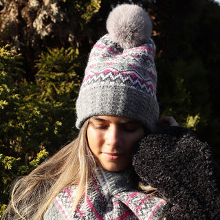 POM Fair Isle Bobble Hat Grey Pink - MMJs Fashion