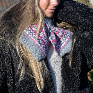 POM Fair Isle Border Pull Through Scarf Grey Pink - MMJs Fashion