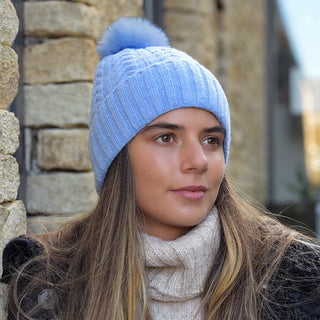 POM Herringbone Cable Knit Bobble Hat Ice Blue - MMJs Fashion