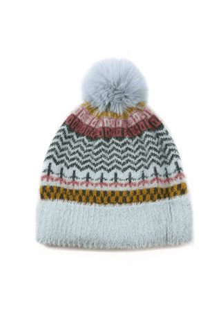 POM Patterned Bobble Hat Pale Blue Pink - MMJs Fashion