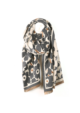 POM Poppy Print Jacquard Scarf Grey Cream - MMJs Fashion
