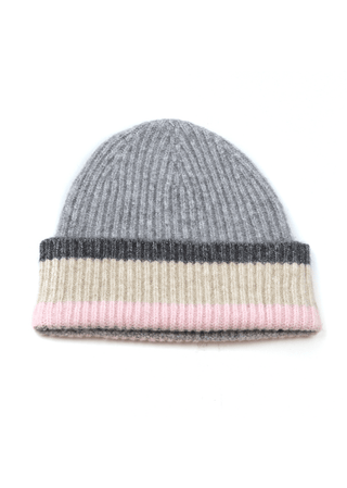 POM Ribbed Beanie Hat Grey Pink - MMJs Fashion