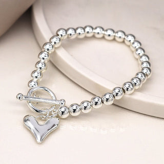 POM Silver Plated Bead & Heart Charm T - Bar Bracelet - MMJs Fashion