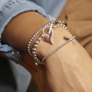 POM Silver Plated Bead & Heart Charm T - Bar Bracelet - MMJs Fashion