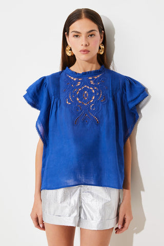 Suncoo Broderie Anglaise Top Royal Blue Love - MMJs Fashion