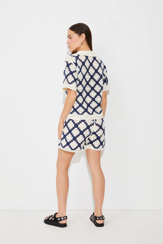 Suncoo Crotchet Top with Collar Blue Ivory Perisol - MMJs Fashion