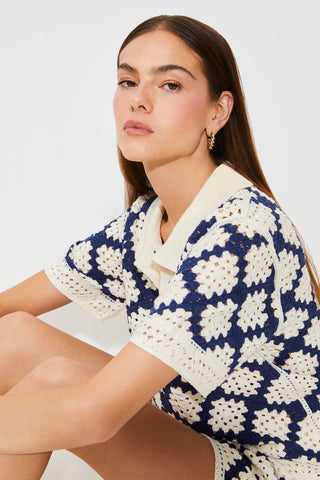 Suncoo Crotchet Top with Collar Blue Ivory Perisol - MMJs Fashion
